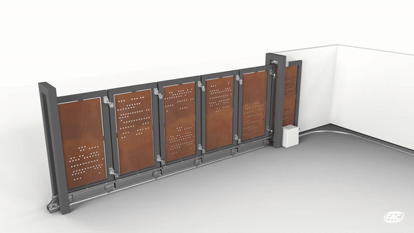 Animation of the Radius sectional track gate turning around a curve as it opens.