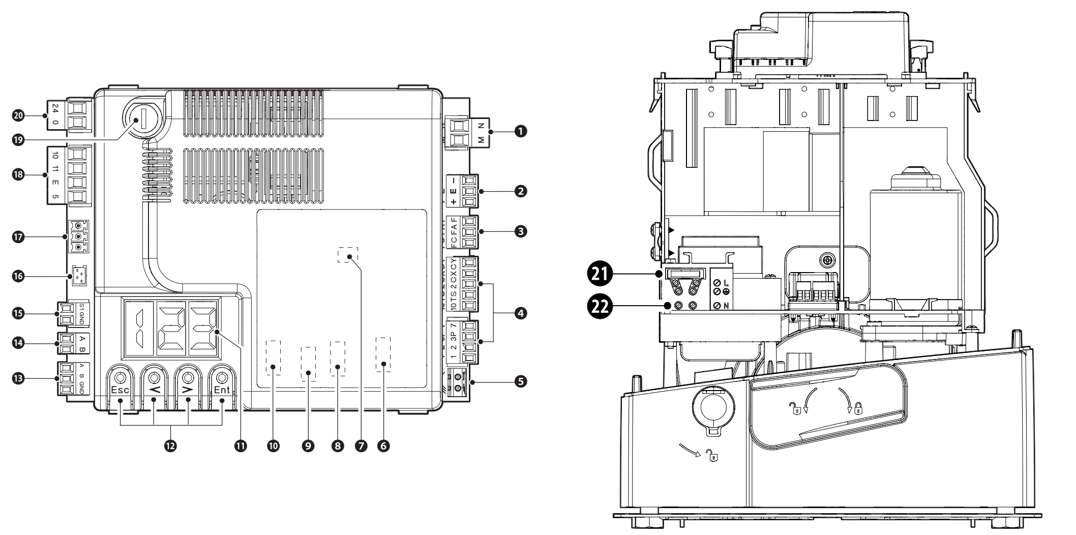 Display, terminals, and connectors on the ZN7 control board