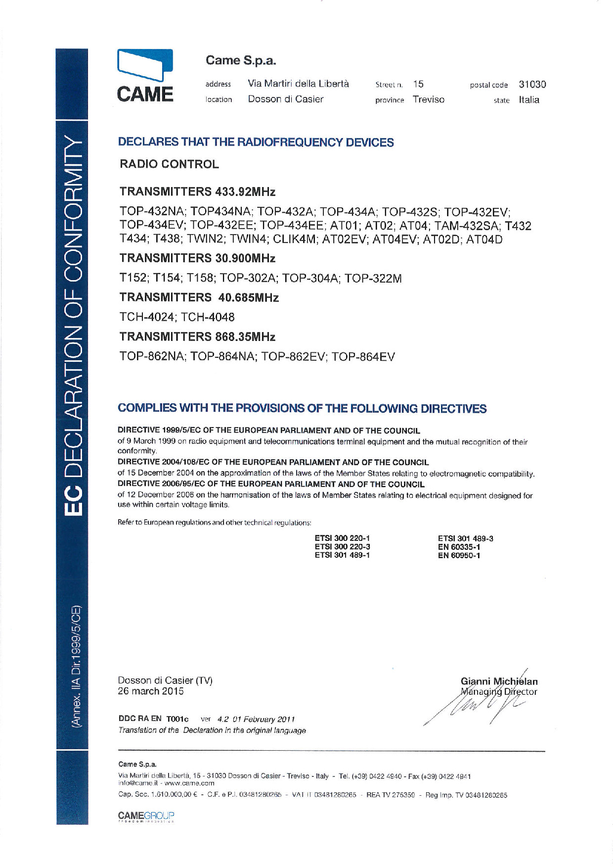 CAME certificate CAME certificate