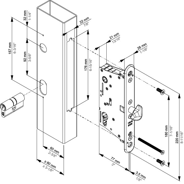 Installation drawing for EIGHTYLOCK-S lock with a 60 mm backset and 77 mm recess
