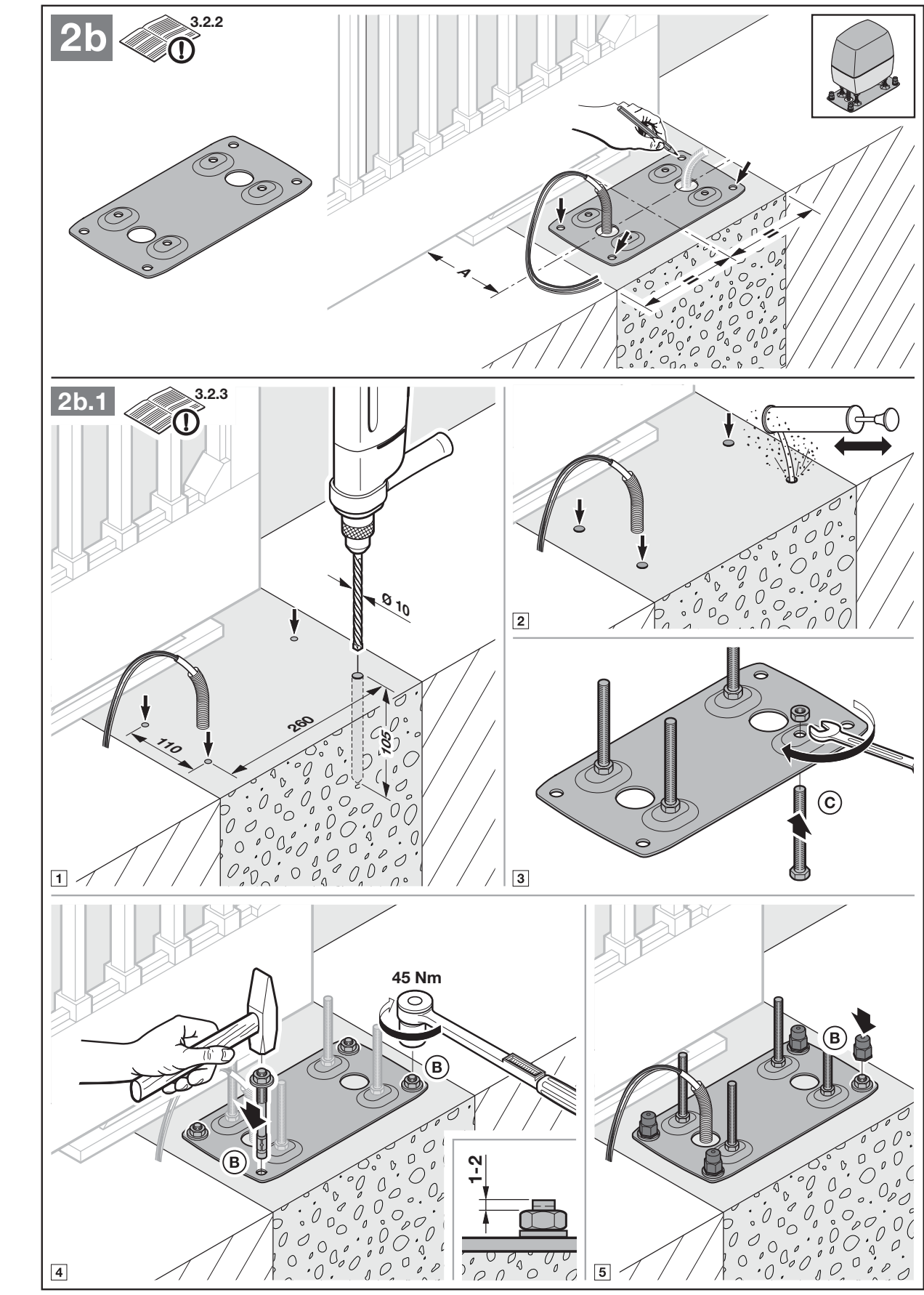 Installation through the floor plate – Ø 10 mm holes and anchor dimensions