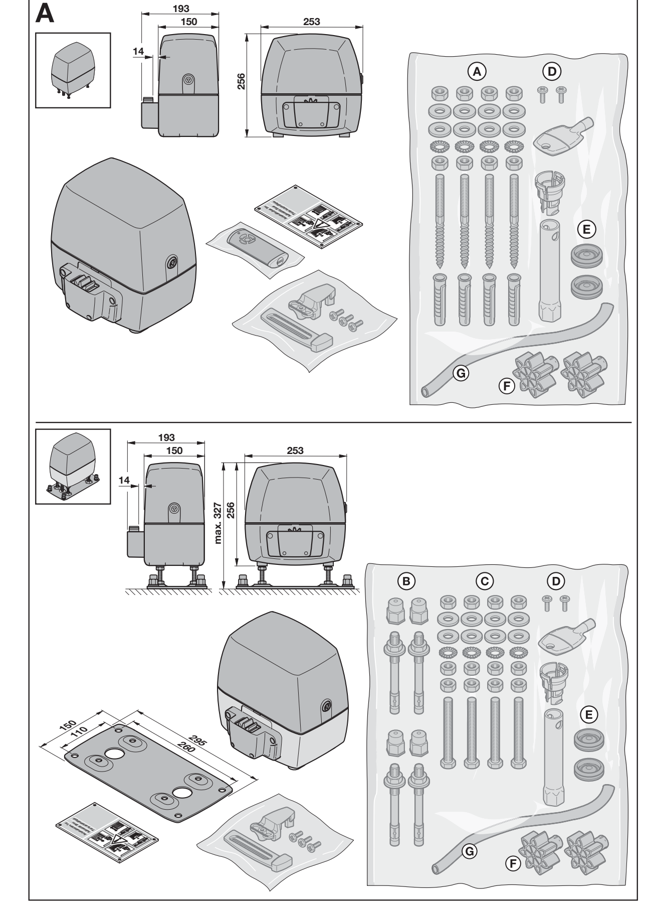 Original housing dimensions – installation without and with floor plate