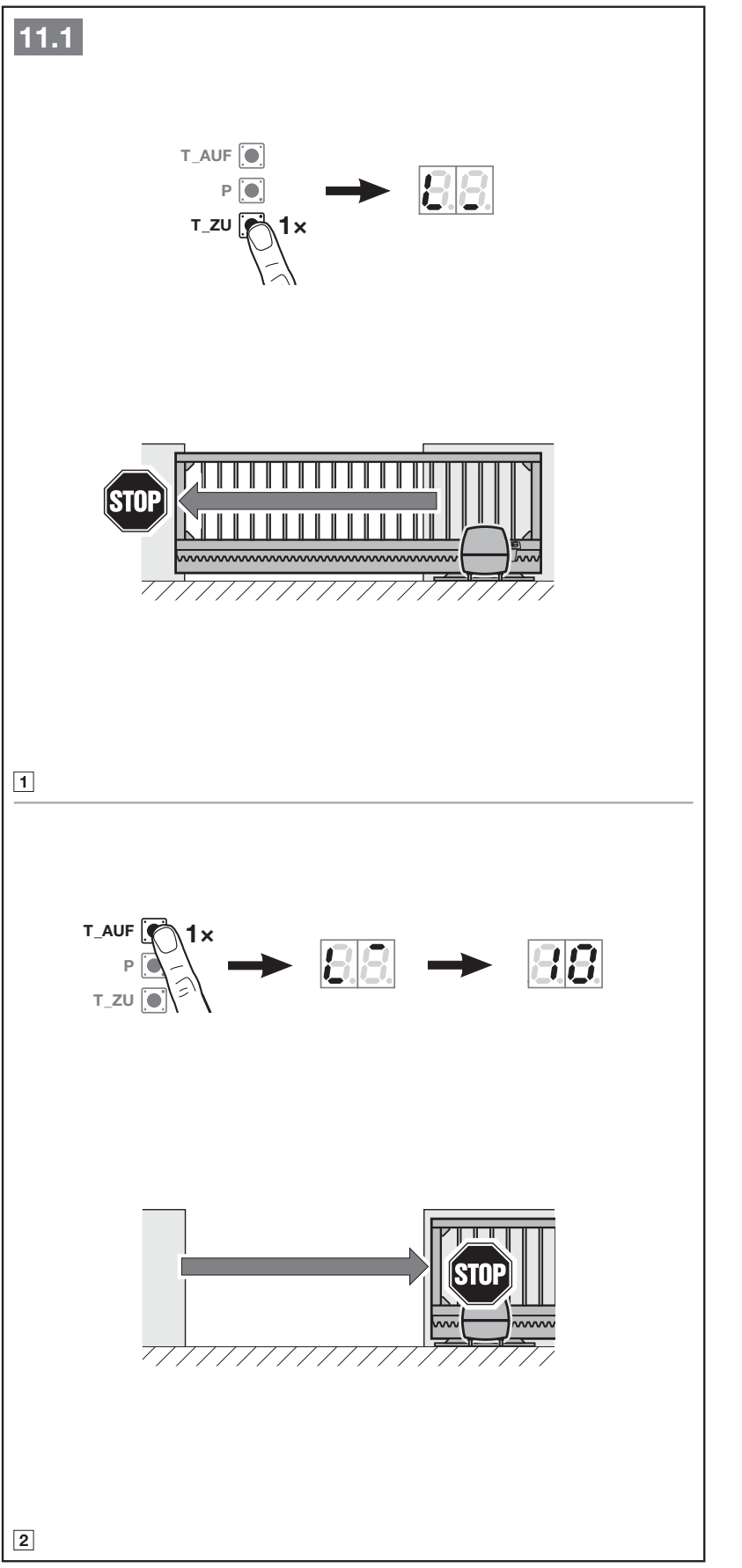 Menu 10 – completing force learning by fully closing and opening the gate