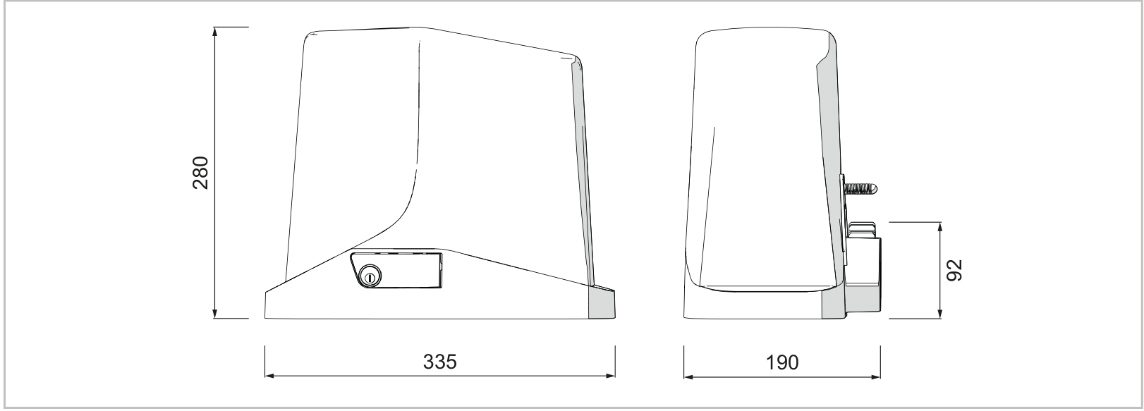TURBO S dimensions: 335 × 190 × 280 mm; pinion position 92 mm