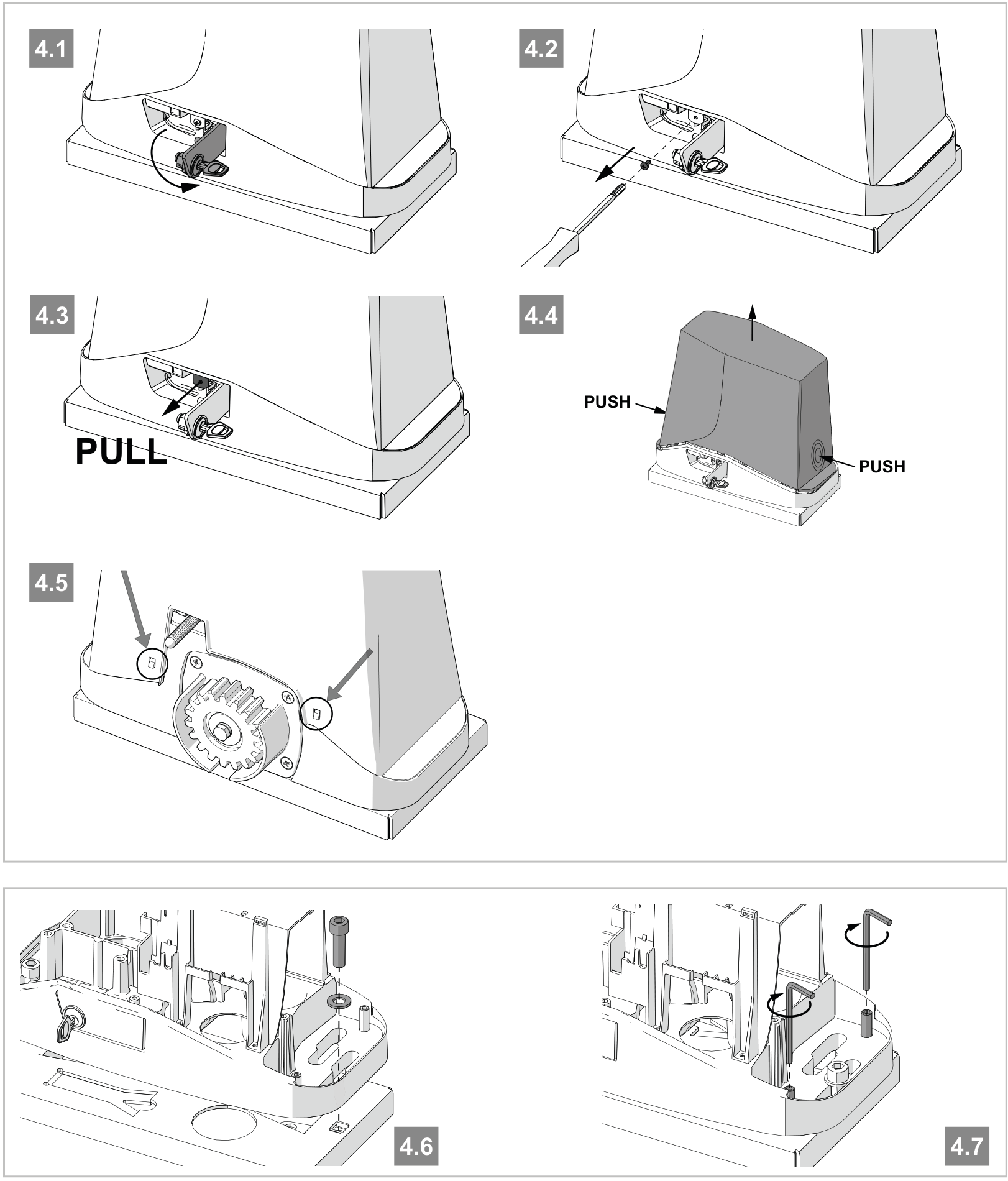 Opening the cover, fixing, levelling and closing the drive again