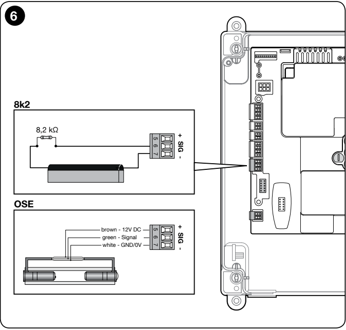 Connecting an 8.2 kΩ resistive safety edge and an OSE optical safety edge to the DPRO500 Connecting an 8.2 kΩ resistive safety edge and an OSE optical safety edge to the DPRO500