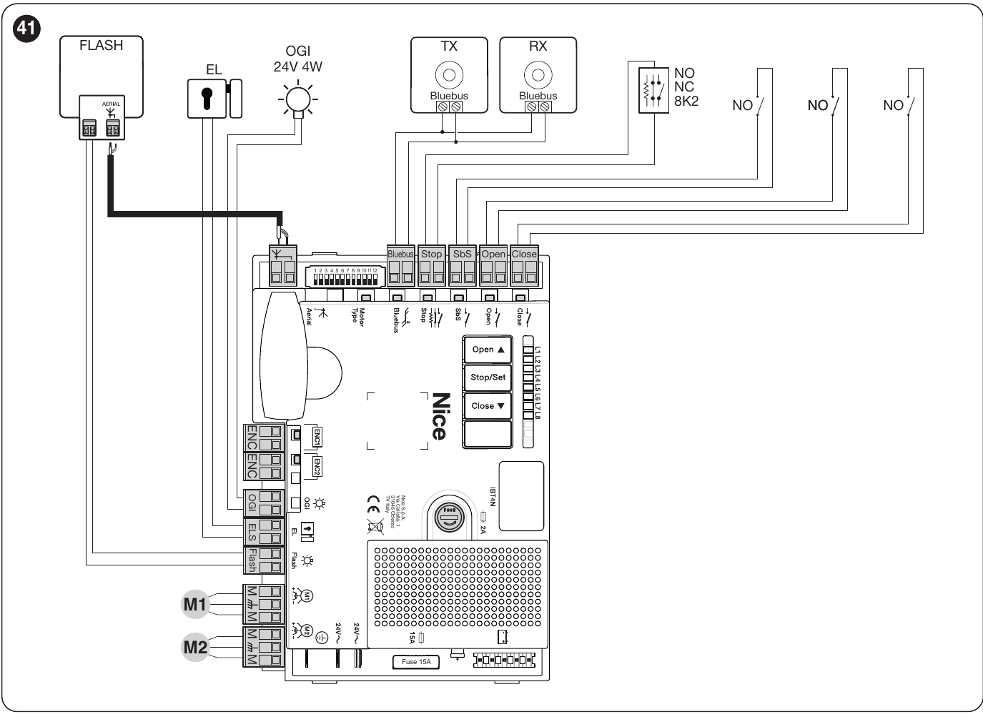 Original wiring diagram for the motor, encoder, BlueBUS and contacts on HYKE