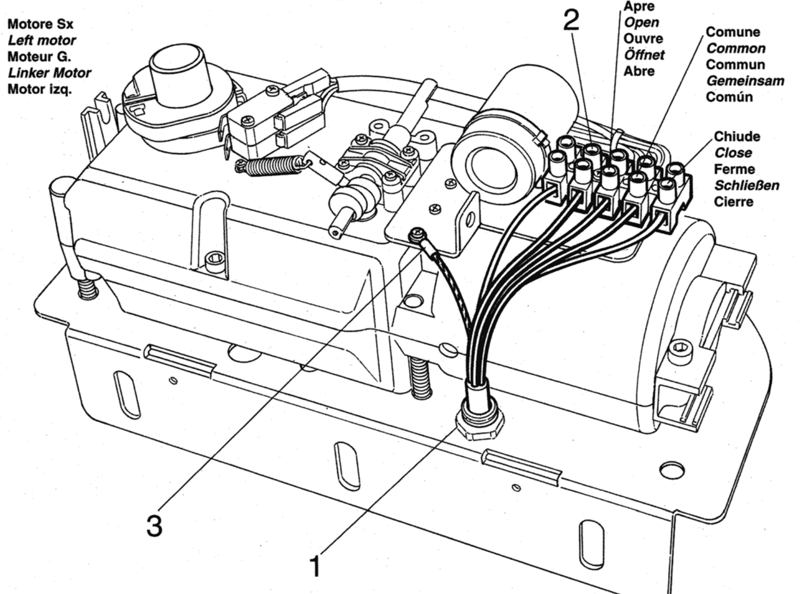 HY7100 – terminal block for the left 230 V motor: Open, Common, Close and PE HY7100 – terminal block for the left 230 V motor: Open, Common, Close and PE
