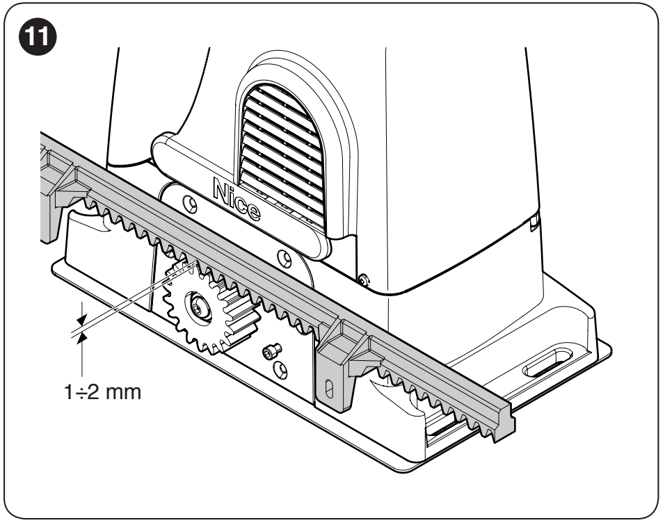 1–2 mm clearance between the rack and pinion of the RUN1500 operator