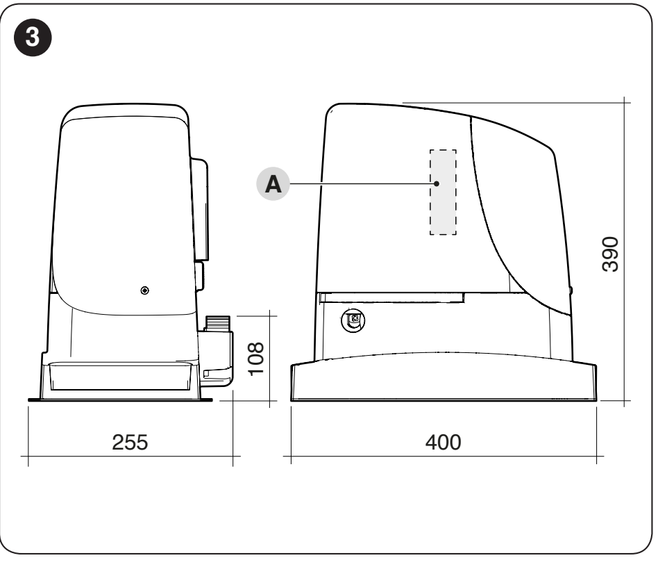 Dimensional drawing of the RUN1500 drive – length 400 mm, width 255 mm, height 390 mm