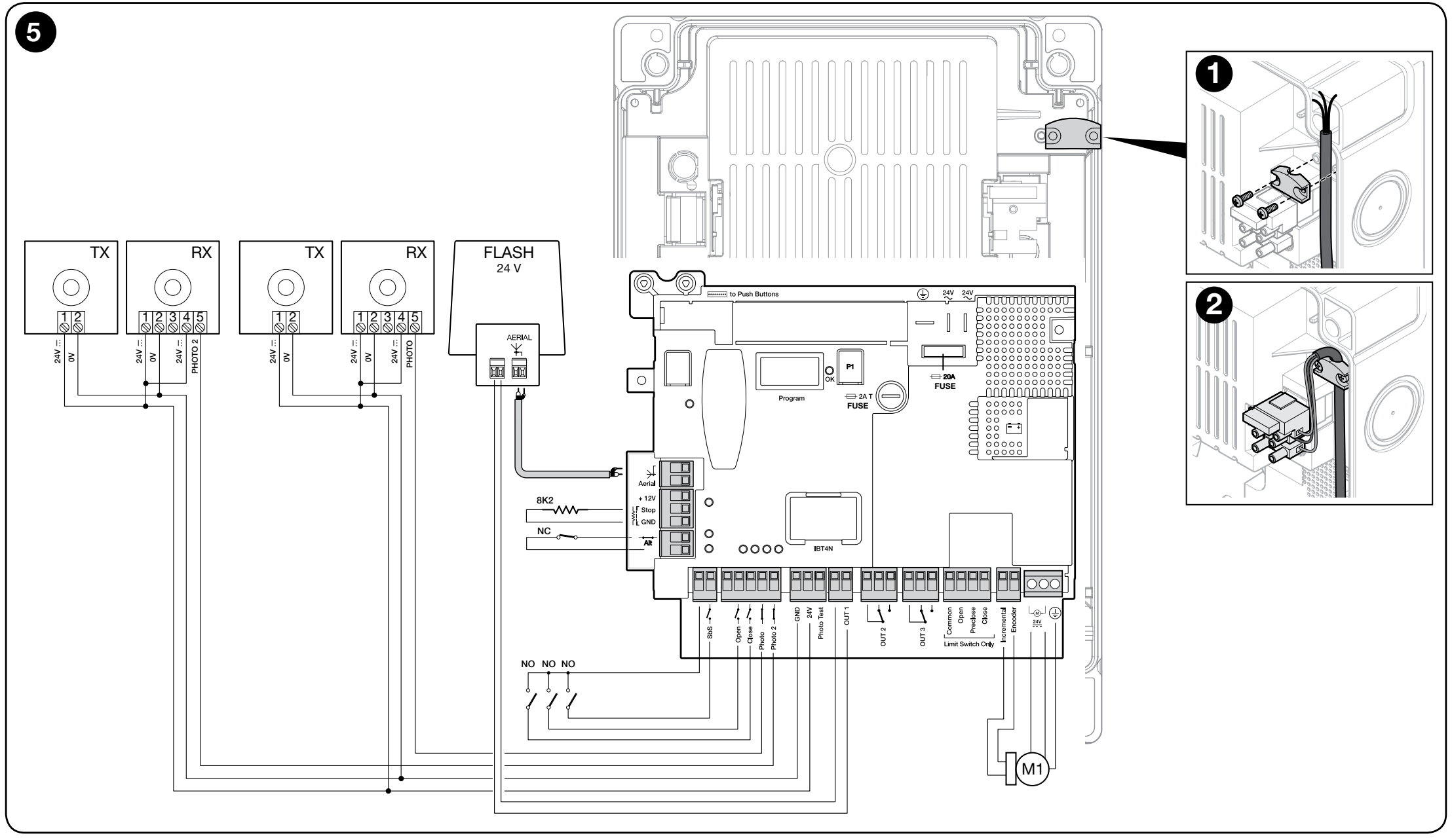 DPRO924: motor, incremental encoder, commands, relay photocells, flashing light and safety circuit