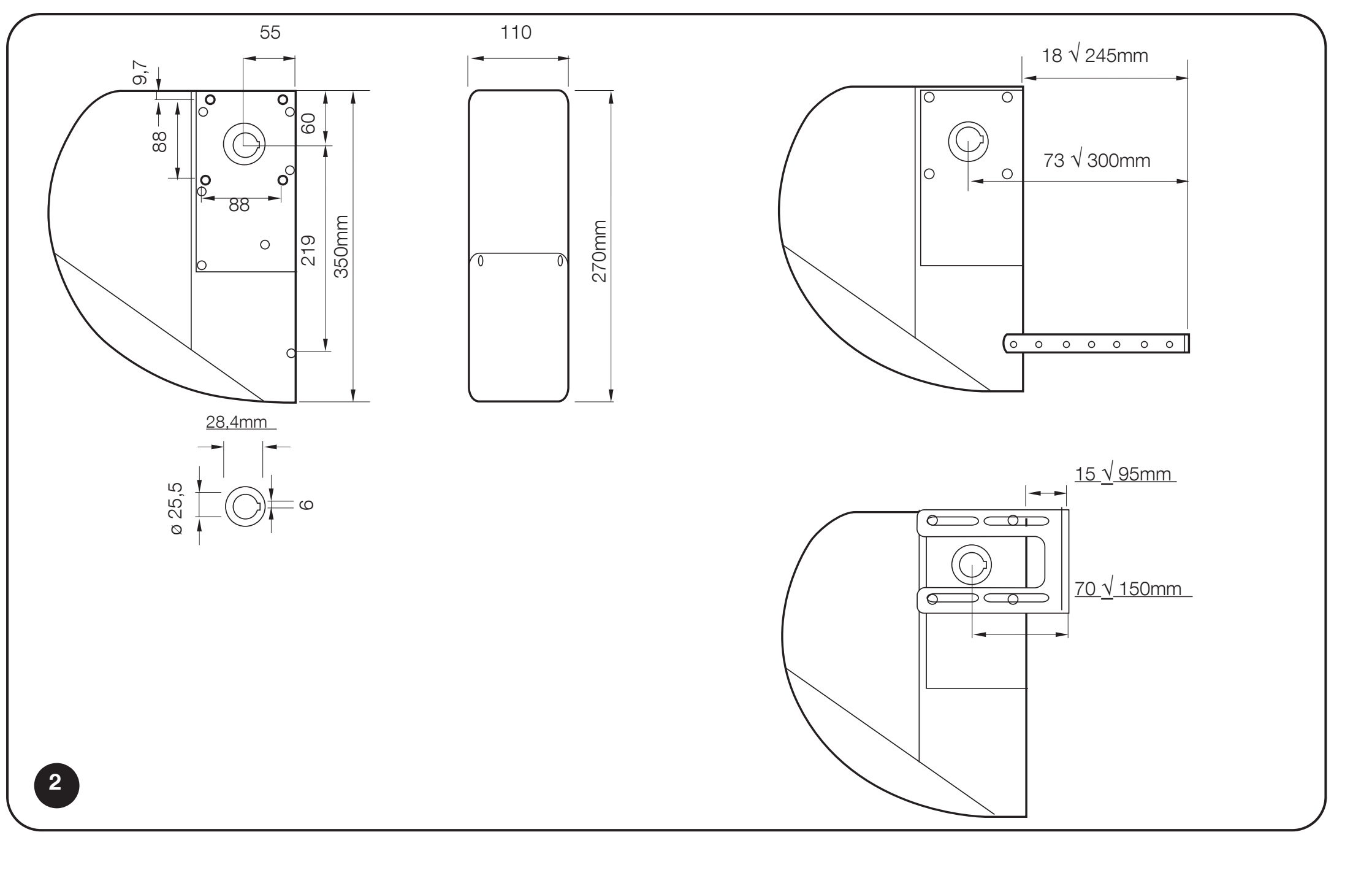 Dimensions of the SUMO SU2000, shaft bore and bracket adjustment range