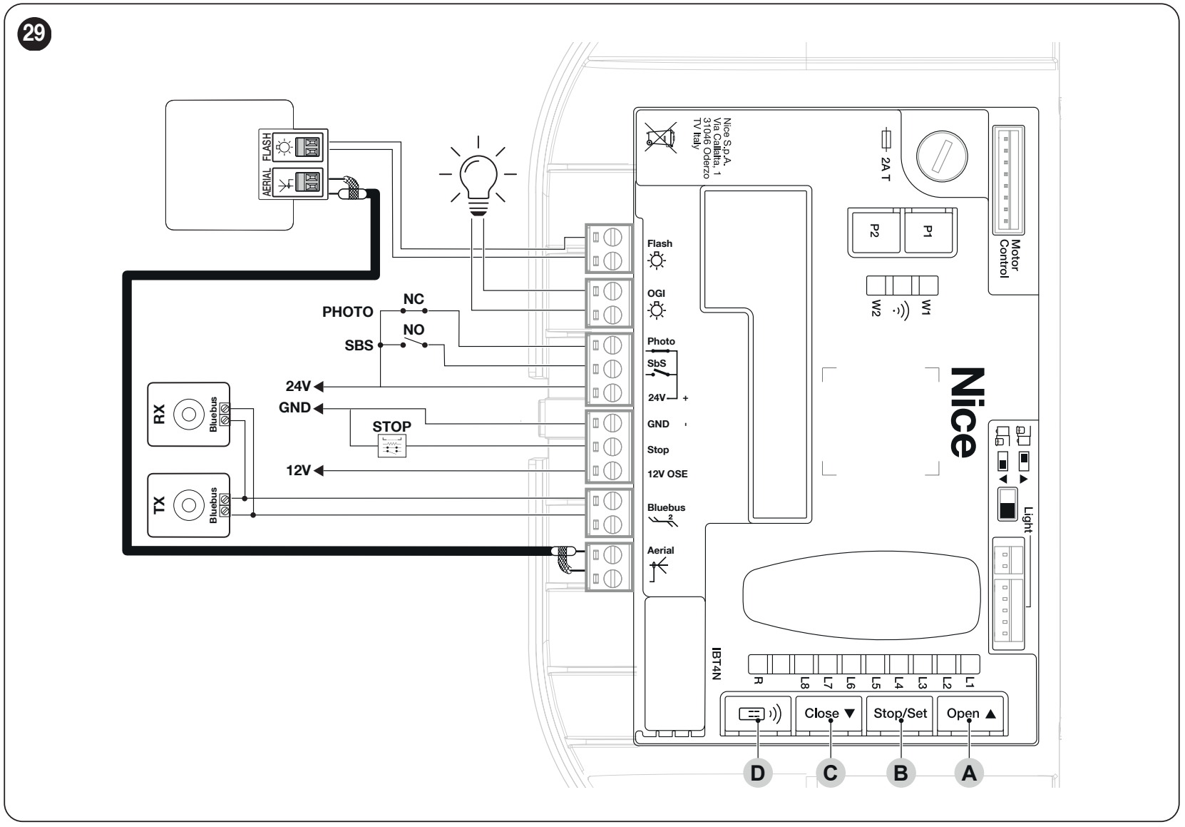 Original SPIDER800W wiring – photocells, commands, STOP, warning light and antenna