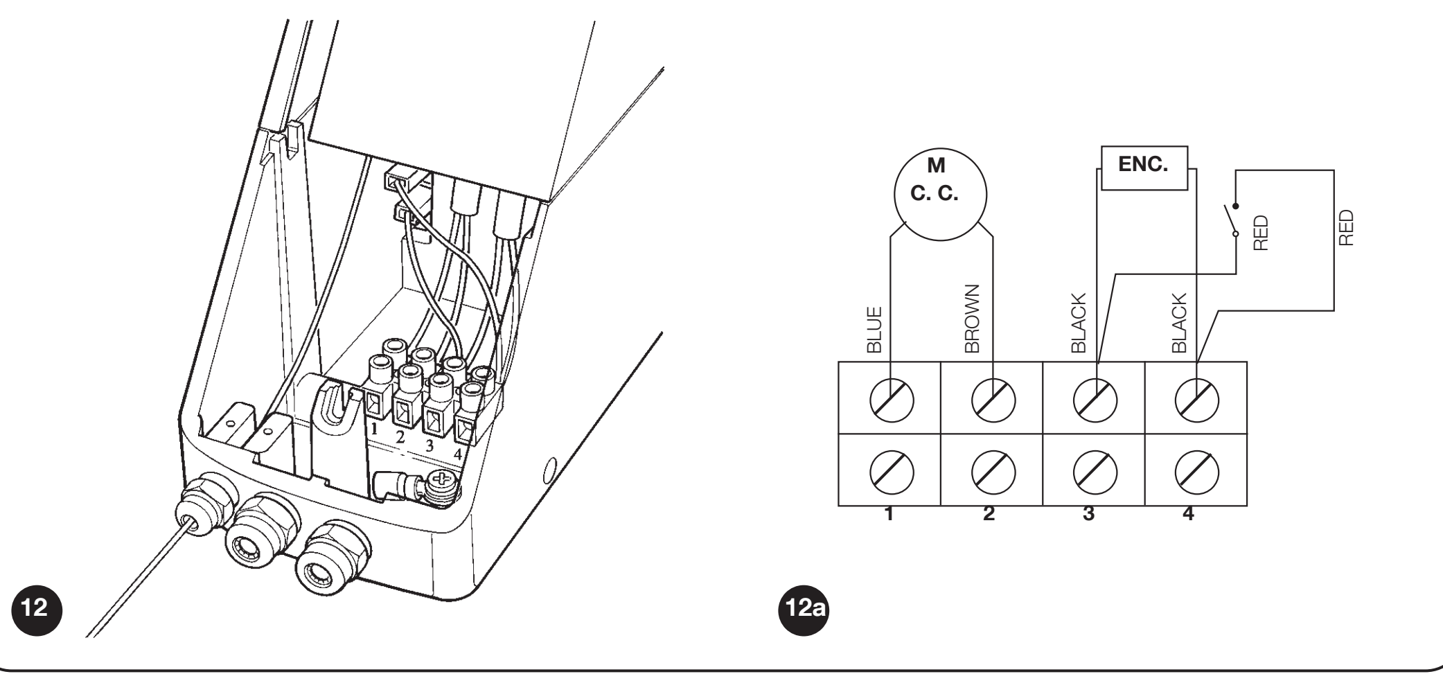 SUMO SU2000V: motor terminals 1/2 and encoder terminals 3/4; third motor-cable conductor safely insulated