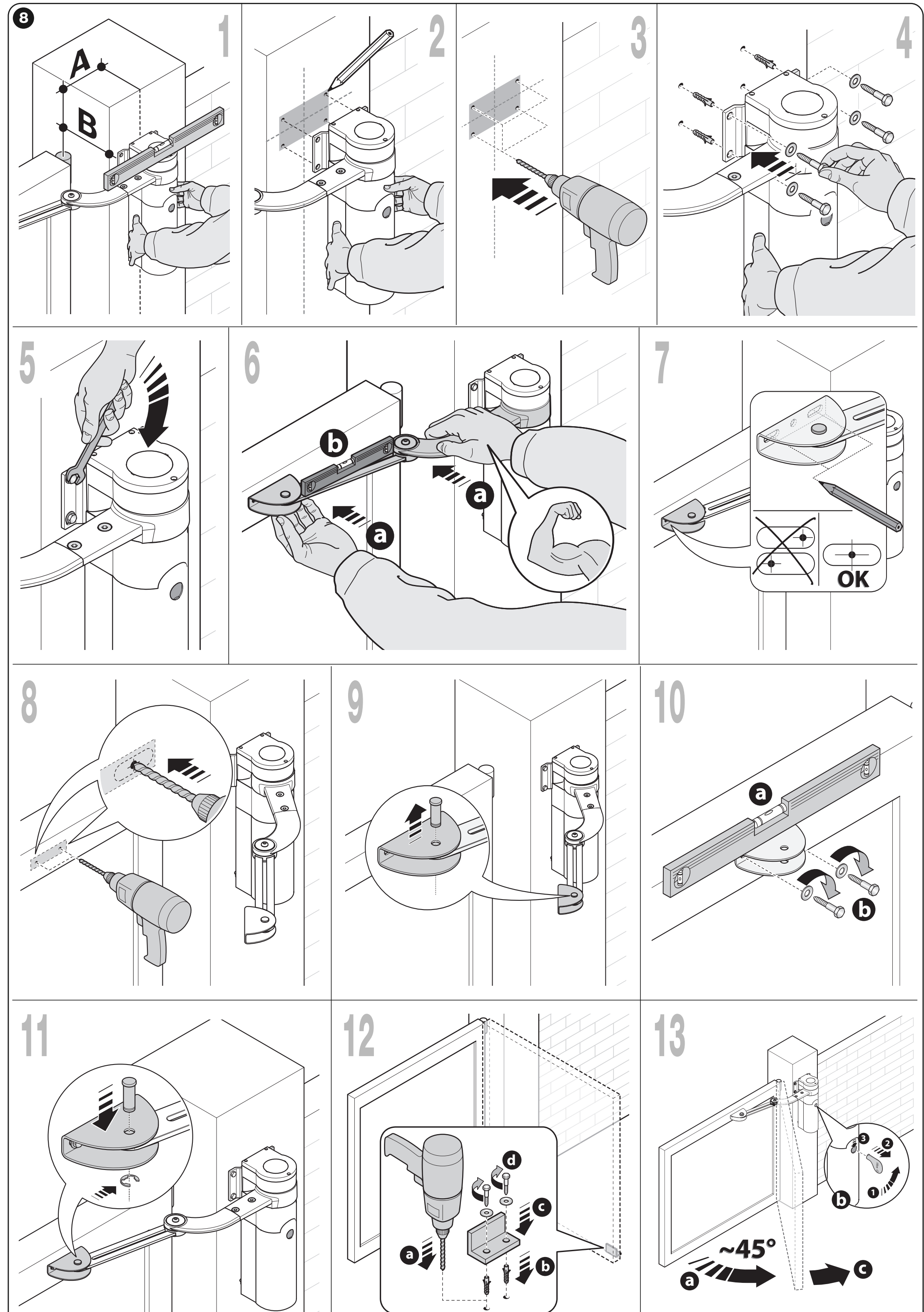 WALKY: installation steps for the full-length arm, brackets and retaining rings
