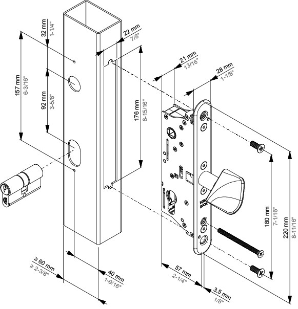 Installation drawing of the SIXTYLOCK-LS lock with a 40 mm backset and 57 mm case depth