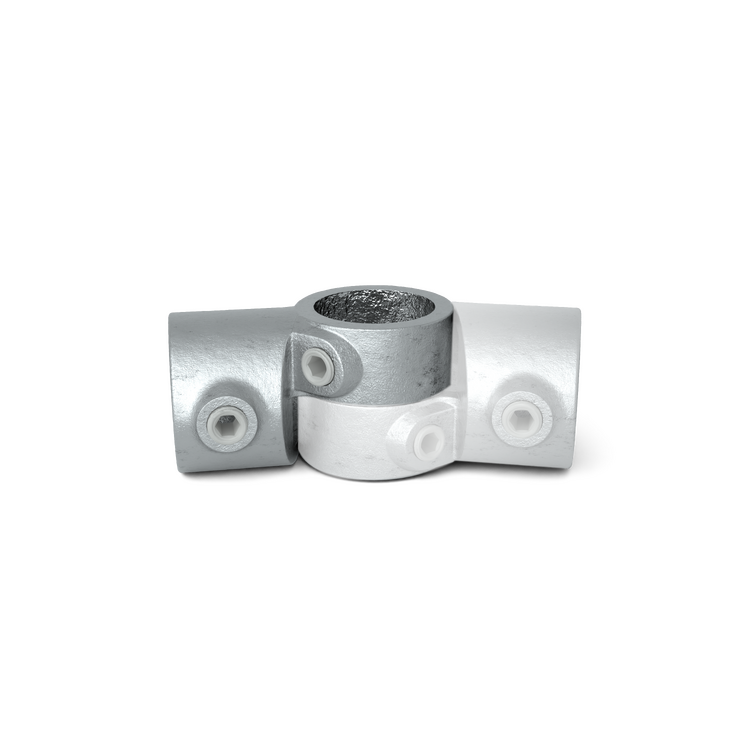 Galvanized adjustable T-shaped swivel joint for 60.3 mm tube.