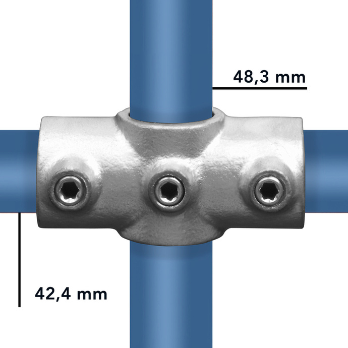 Galvanized cross-shaped connector for 42.4 and 48.3 mm tubes – example of use
