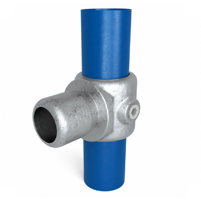 Example of use: Galvanized swivel tube connector for 48.3 mm tubes, T-shape with a plug-in pin