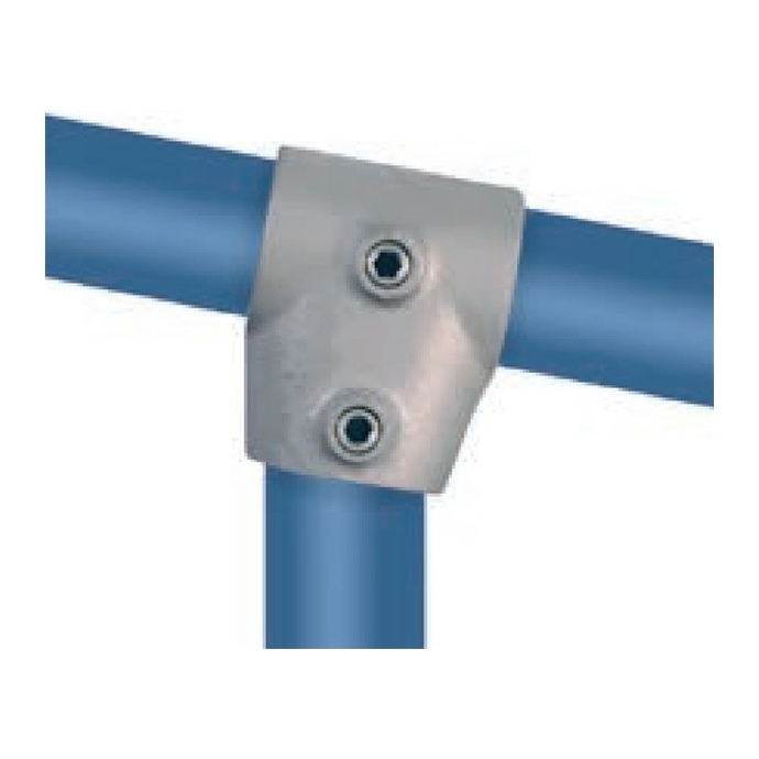 Galvanized angled connector for 42.4 mm tubes, narrow T-shape, 0°–11°