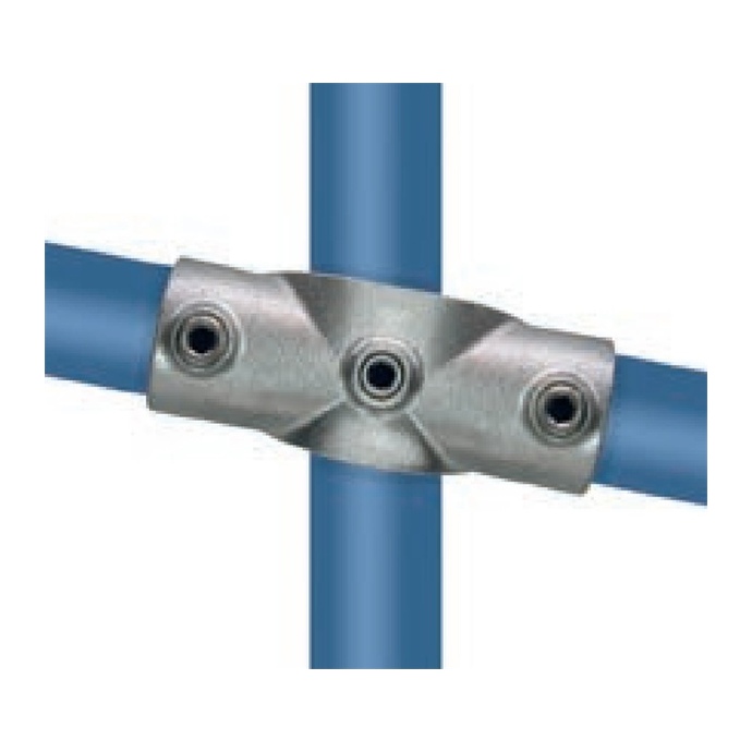 Galvanised angled tube fitting for 42.4 mm tubes, cross shape, 0°–11°