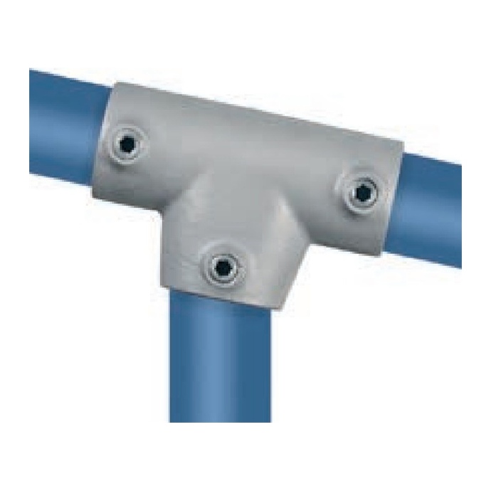 Galvanized angled connector for 42.4 mm tubes, wide T-shape, 0°–11°