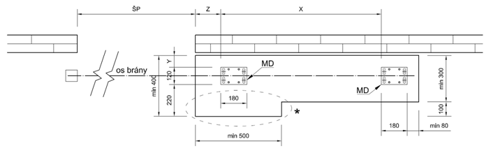 Drawing of the concrete foundation for a cantilever gate up to 6.5 m