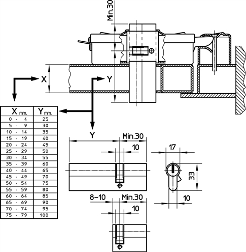 NICE PLA10, PLA11 electric lock: dimensions of compatible cylinders NICE PLA10, PLA11 electric lock: dimensions of compatible cylinders