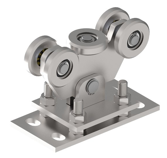 Stainless steel five-bearing-roller carriage for a cantilever sliding gate Stainless steel five-bearing-roller carriage for a cantilever sliding gate