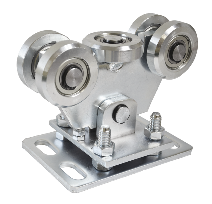 All-metal pivoting carriage with adjustment, 5 rollers and mounting plate