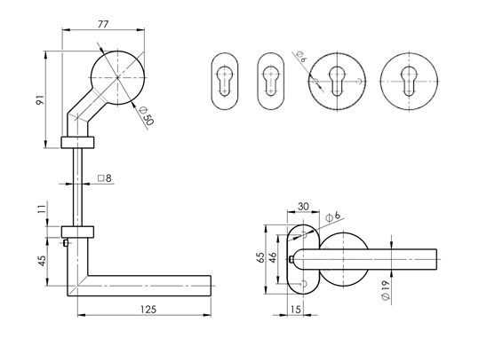 Straight handle + fixed knob Straight handle + fixed knob