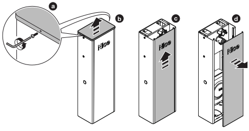 Steps a to d: unscrewing and removing the top cover and removing the door of the NICE WIDE barrier