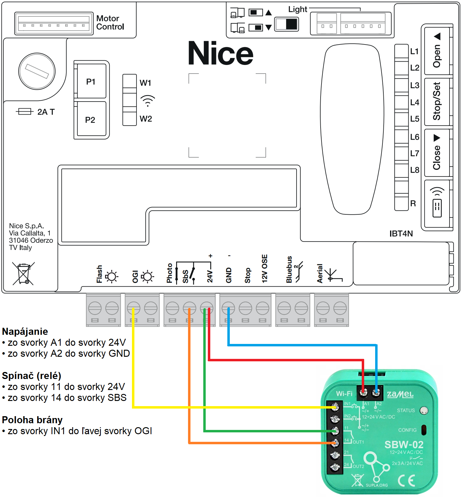 Wiring diagram for connecting the Zamel Wi-Fi module to a NICE Robus RBS drive with an MCU1 control unit